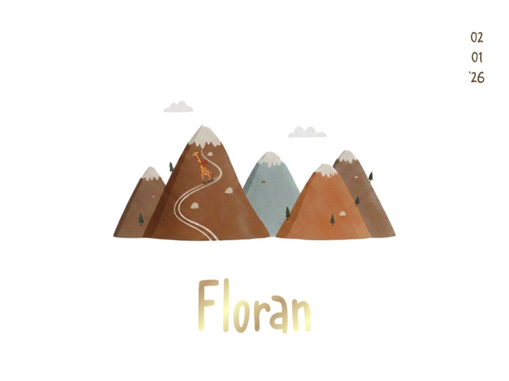 Avontuurlijk minimalistisch geboortekaartje met bergen en skiënd giraffe