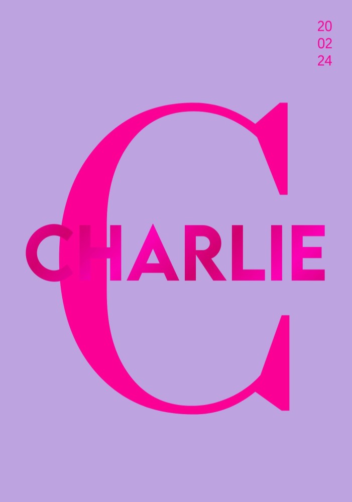 Fluoriserend geboortekaartje met roze naam voor Charlie
