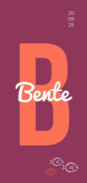 Modern bordeaux rood geboortekaartje met grote letter in neon inkt voor Bente