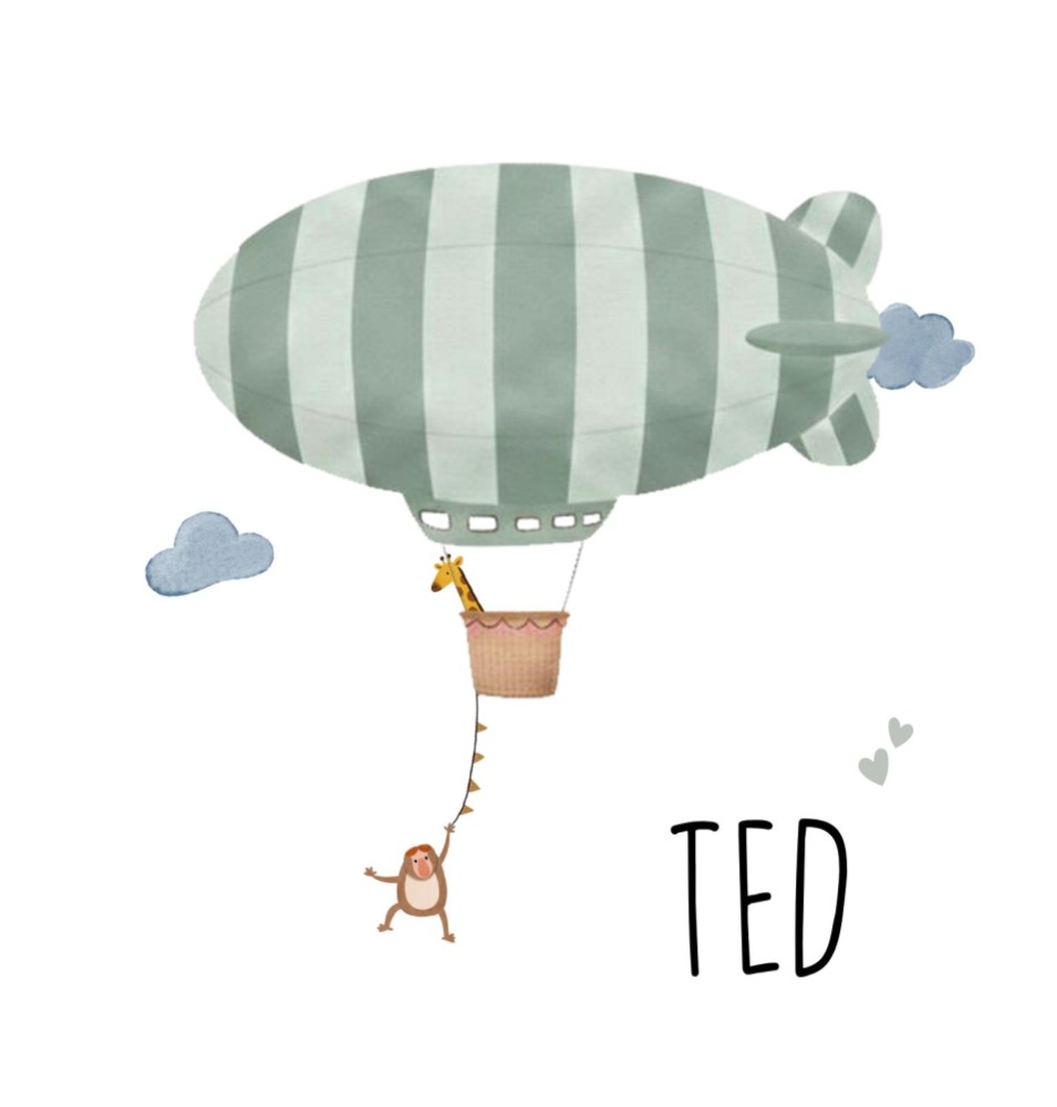 Getekend geboortekaartje met zappelin ballon, dieren en slinger