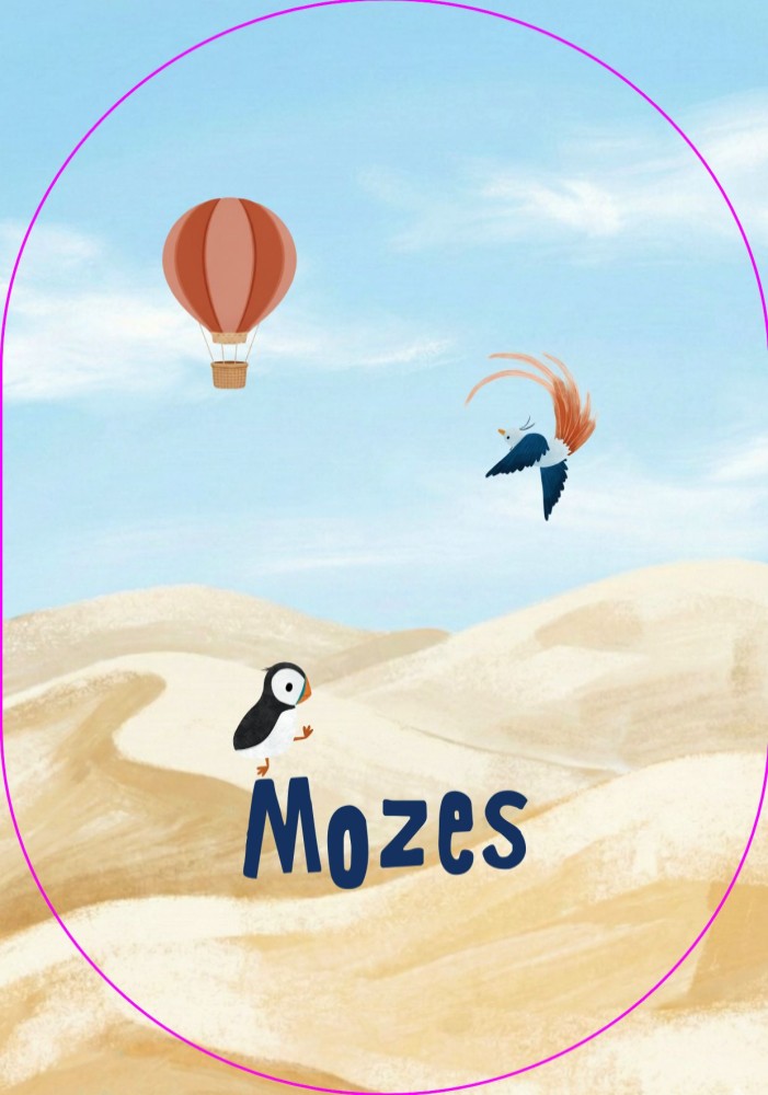 Illustratief en rustig ovaal geboortekaartje met strand en zee