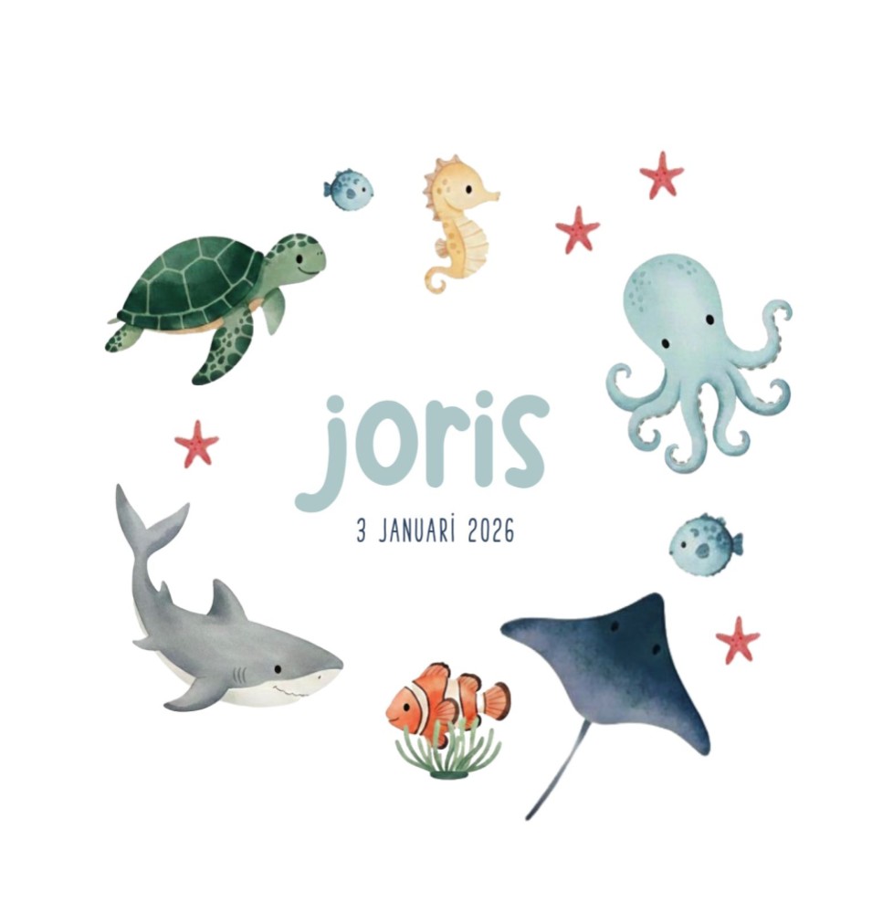 Speels illustratief geboortekaartje met zeedieren in zachte blauwtinten