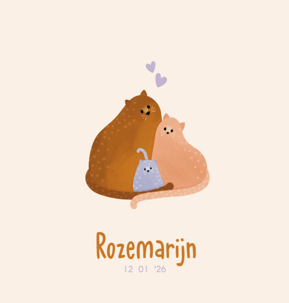 Lief illustratief geboortekaartje met een kattenfamilie in zachte tinten