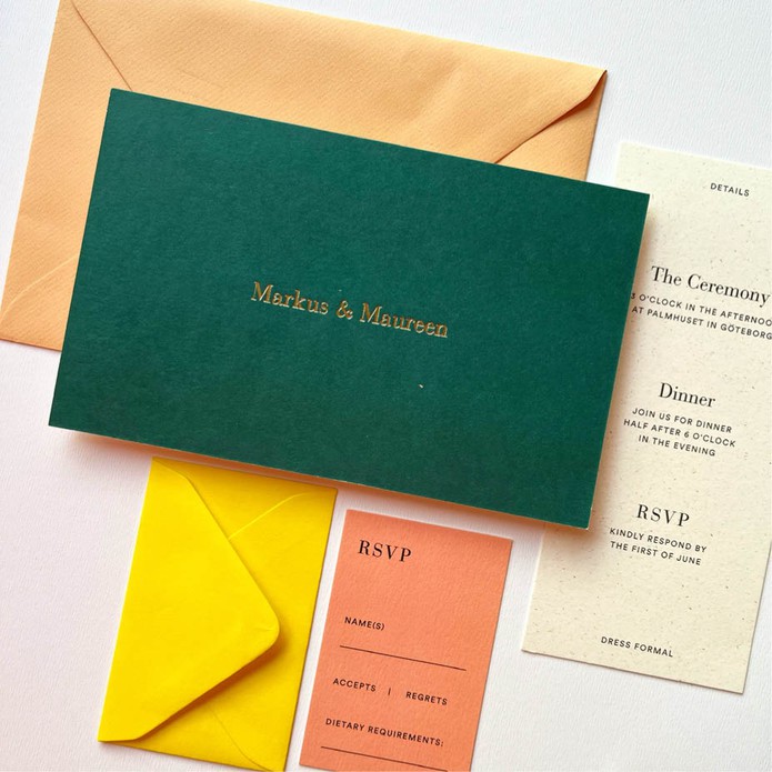 markus-maureen-colorblock-strakke-trouwkaart-groen-met-goudfolie