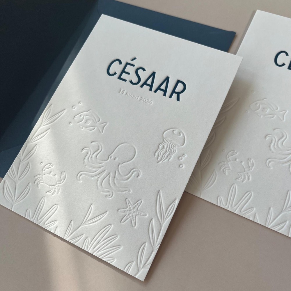 Minimalistisch geboortekaartje met reliëfdruk in een onderwaterthema