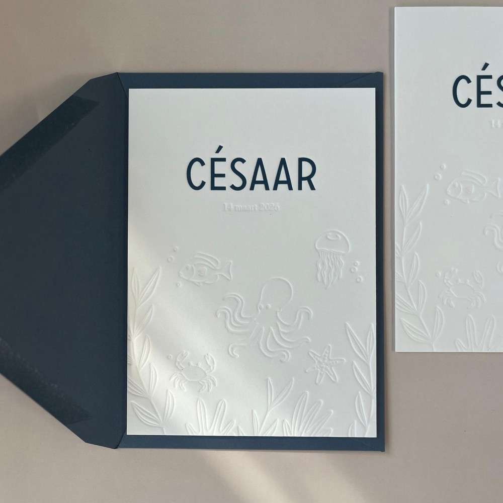 Minimalistisch geboortekaartje met reliëfdruk in een onderwaterthema