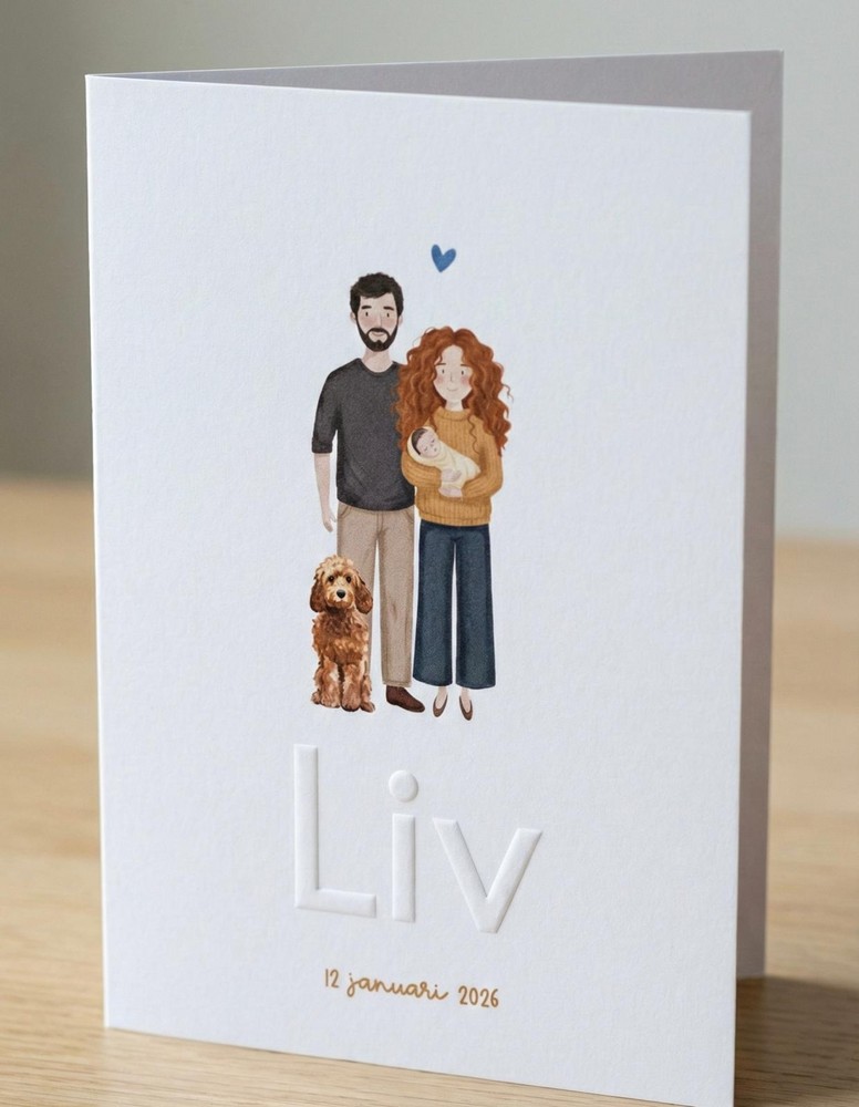 Persoonlijk illustratief geboortekaartje met gezin en hond en naam in reliëf