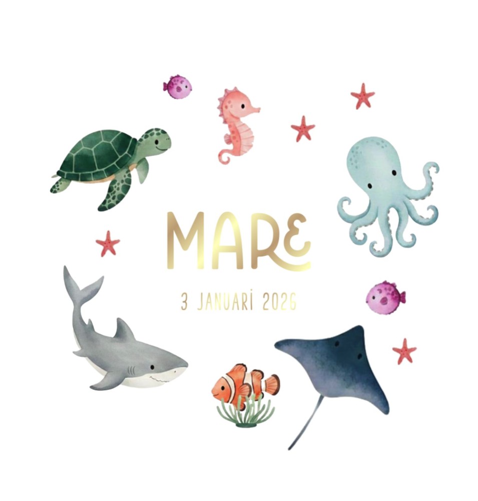 Illustratief geboortekaartje met zeedieren en goudfolie voor meisje