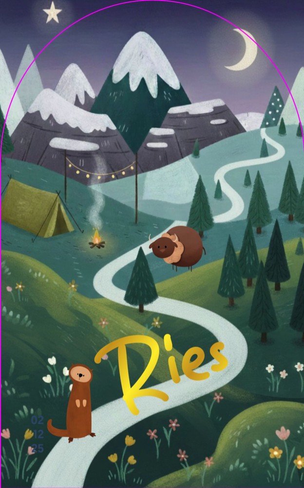 Illustratief geboortekaartje met bergen, kampvuur en schattige diertjes