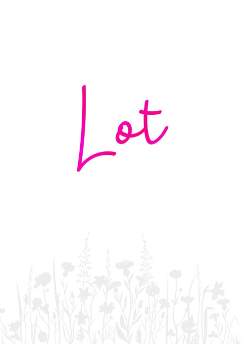 Romantisch geboortekaartje met bloemen veld in blinde druk en sierlijke naam van neon roze