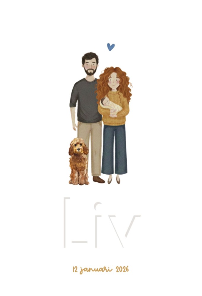 Persoonlijk illustratief geboortekaartje met gezin en hond en naam in reliëf