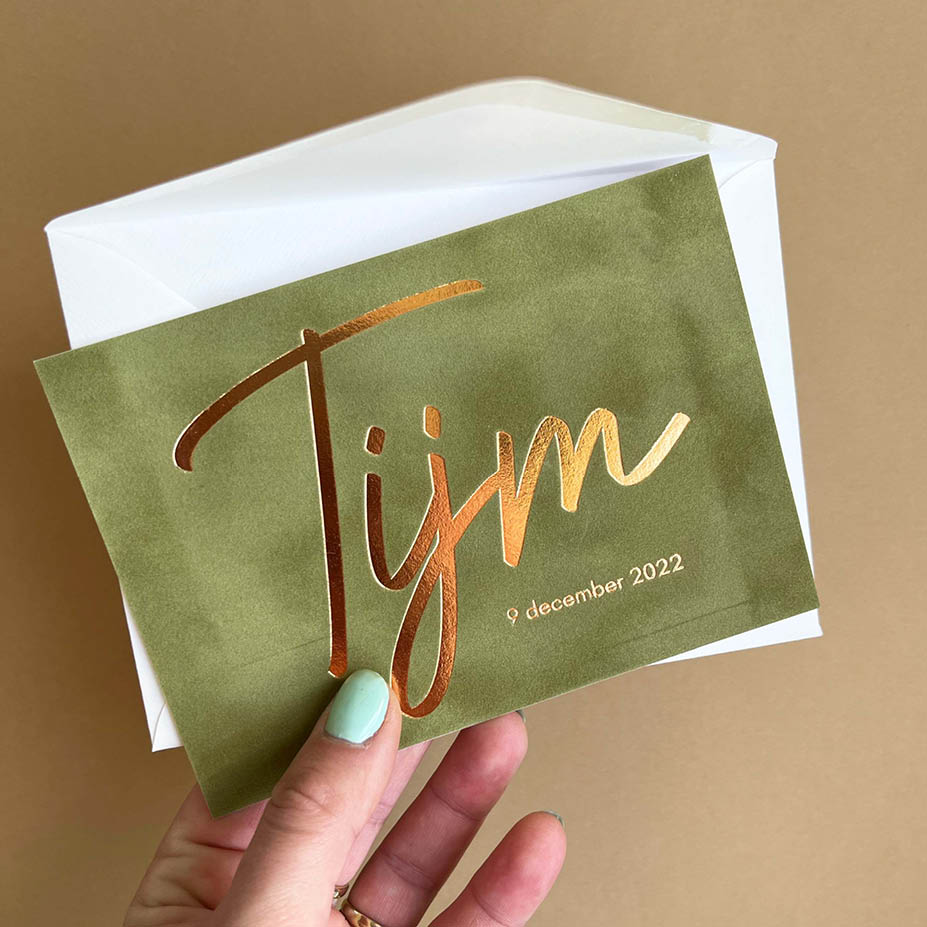 velvet mosgroen + caramel goudfolie | origineel kaartje Doris